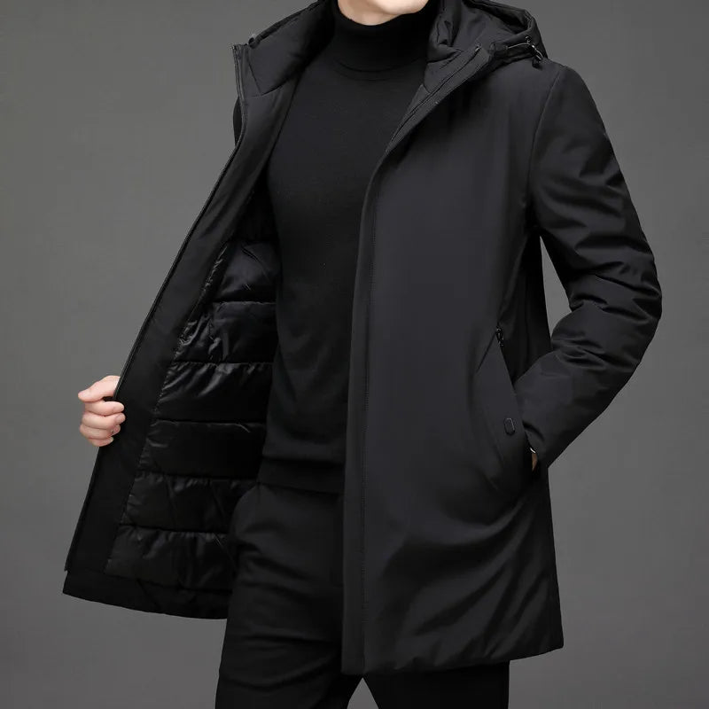 Moderner Herren Wintermantel mit Kapuze & praktischen Taschen. Wasserdicht, warm und stilvoll für Winter & Herbst Outdoor.