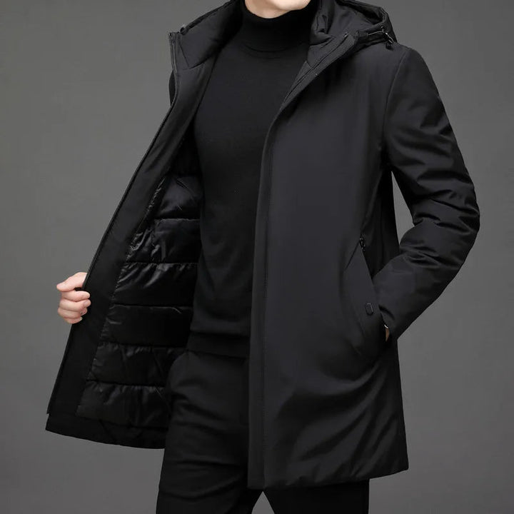 Moderner Herren Wintermantel mit Kapuze & praktischen Taschen. Wasserdicht, warm und stilvoll für Winter & Herbst Outdoor.