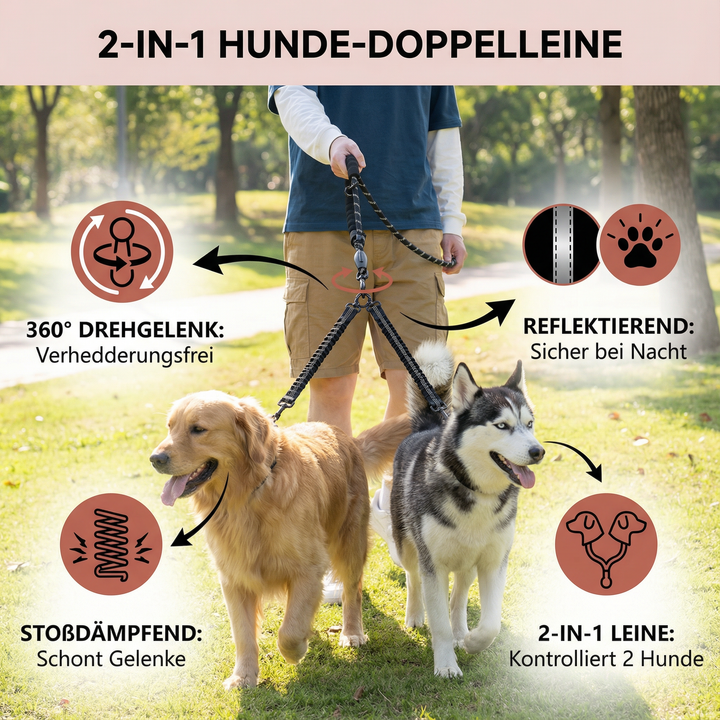 Robuste Hunde-Doppelleine mit stoßdämpfendem System, ideal für Gassi gehen mit zwei Haustieren.