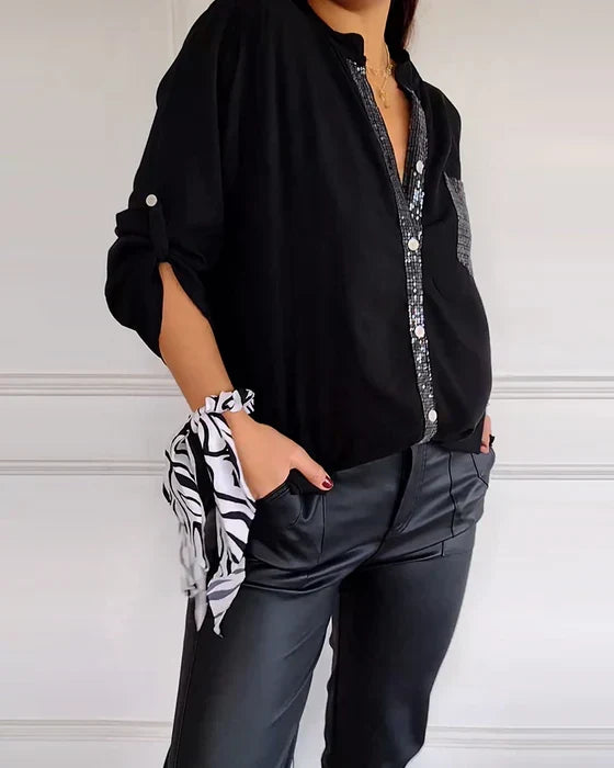 Lässiges Damen Sommer Top mit Pailletten & Knopfleiste. Chic für jeden Tag.