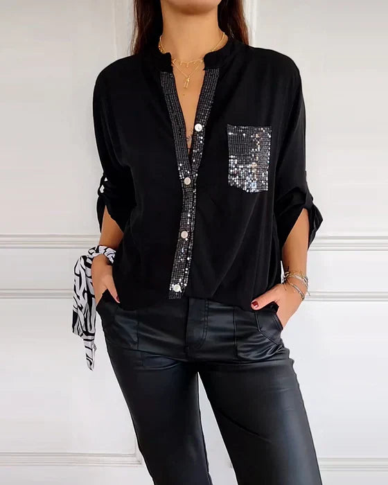 Funkelndes Damen Pailletten Top mit eleganter Knopfleiste. Ideal für Sommerabende.