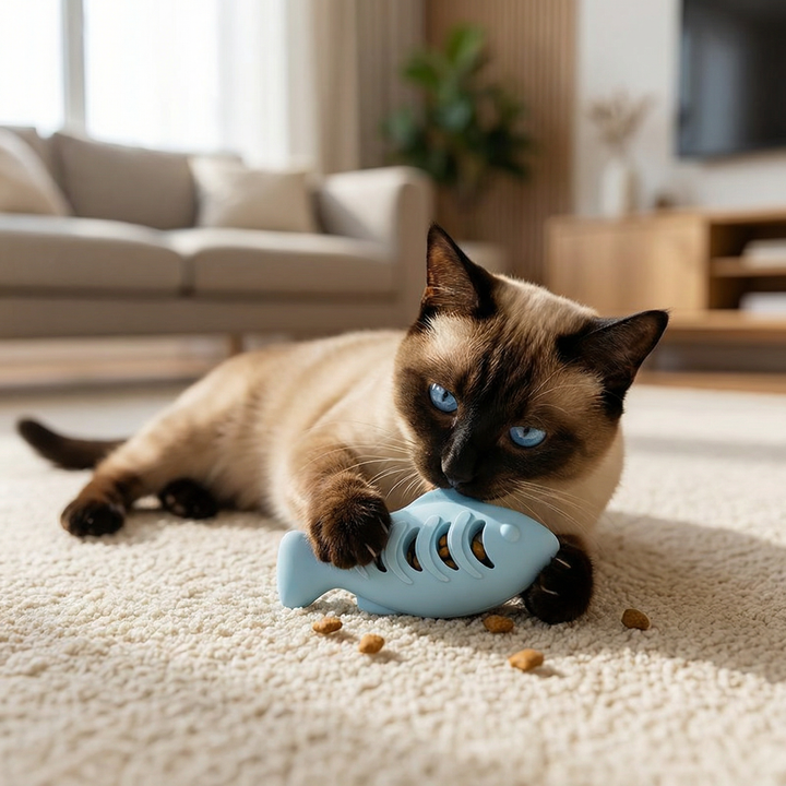 Katzen-Zahnreinigungs-Kau-Fisch aus Silikon: interaktives Katzenspielzeug und Snackspender für gesunde Zahnpflege.