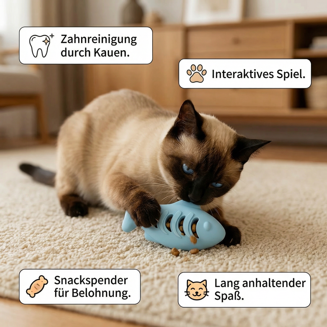 Interaktiver Fisch-Snackspender aus Silikon für Katzen. Anti-Langeweile Katzenspielzeug zur Zahnpflege und Belohnung.