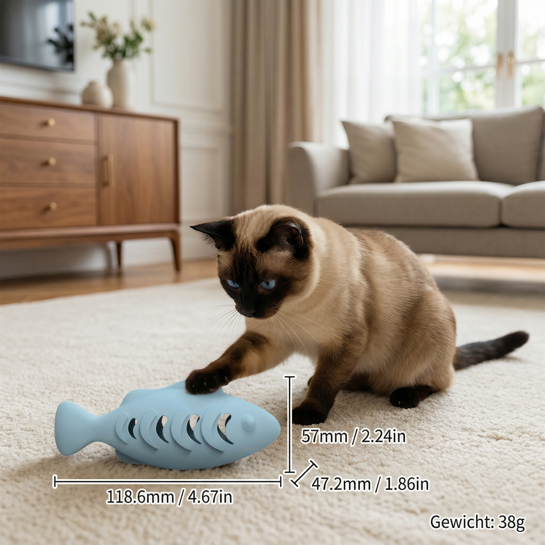 Spielerischer Katzen-Zahnreinigungskau-Fisch. Fördert Aktivität und Zahngesundheit. Praktischer Snackspender für Katzen.