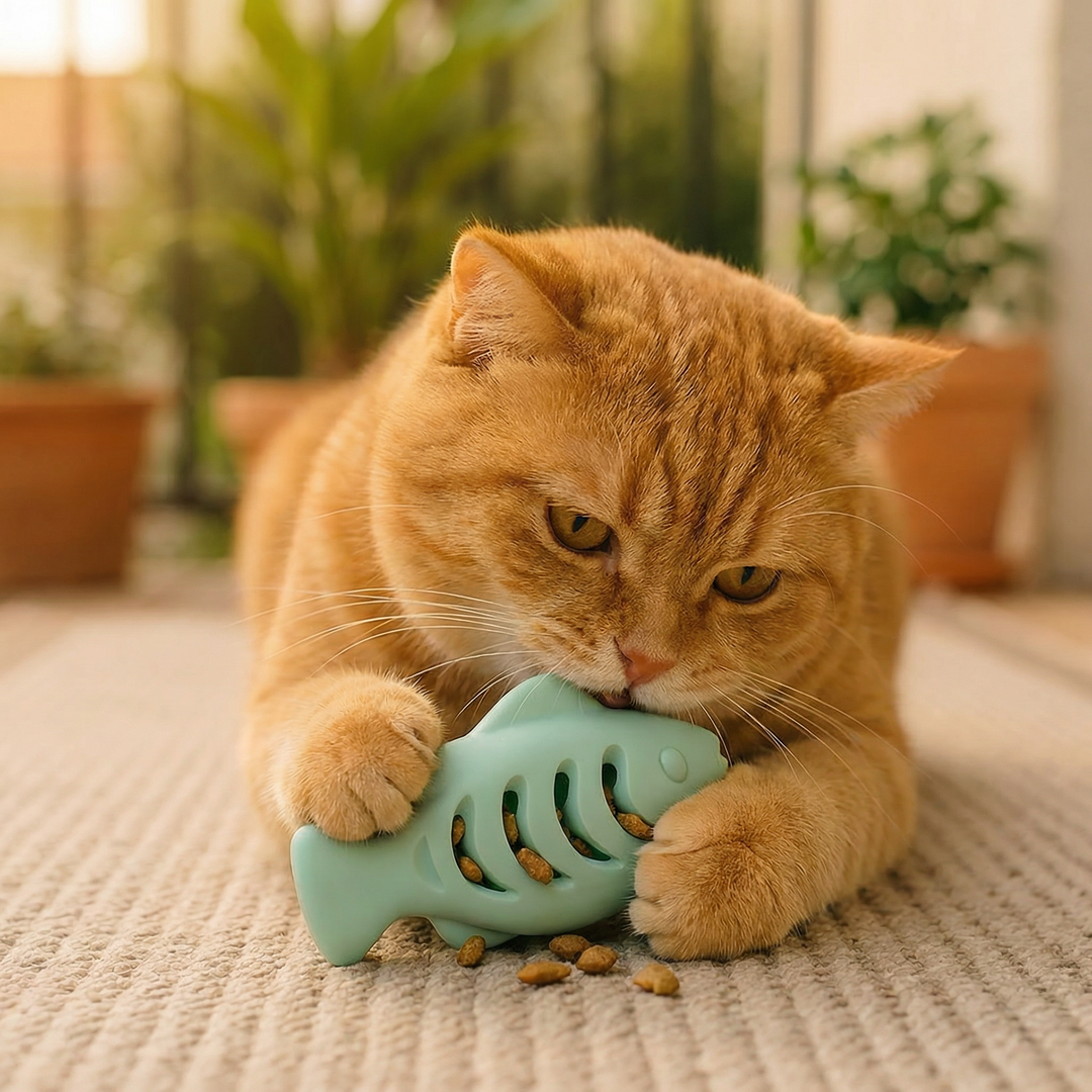 Detailansicht: Strukturierter Silikon-Kaufisch für Katzen mit Füllöffnungen. Optimal für Zahnpflege und interaktives Spiel.