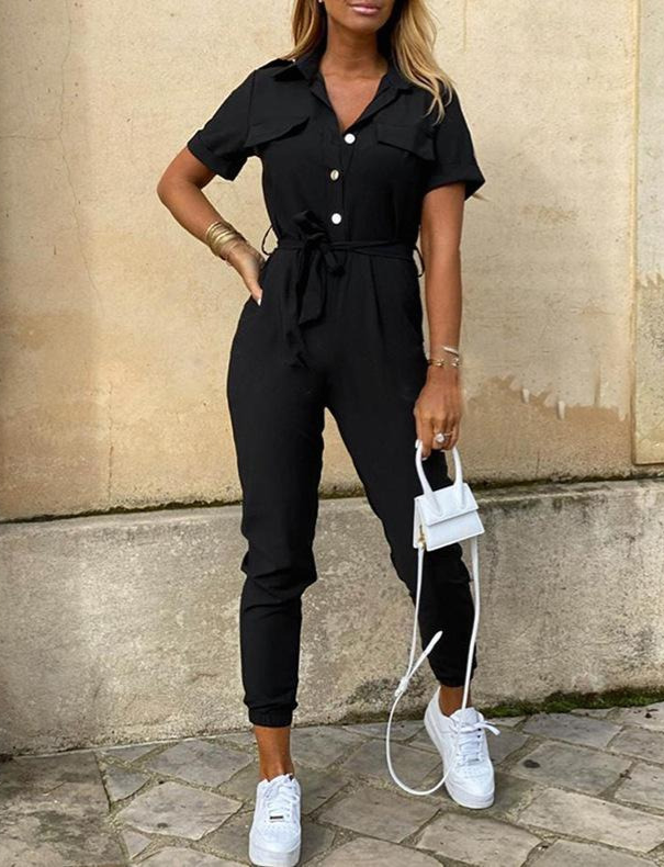 Femininer Damen Jumpsuit mit Gürtel, kurzärmlig, weitem Bein – Ihr elegantes Freizeit-Outfit.