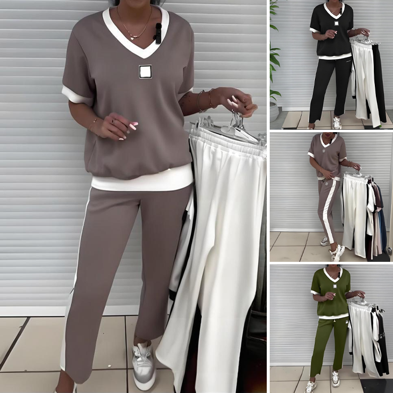 Weite, bequeme Hose des Damen Colorblock Zweiteiler Sets; perfekt für entspannte Sommertage und Loungewear.