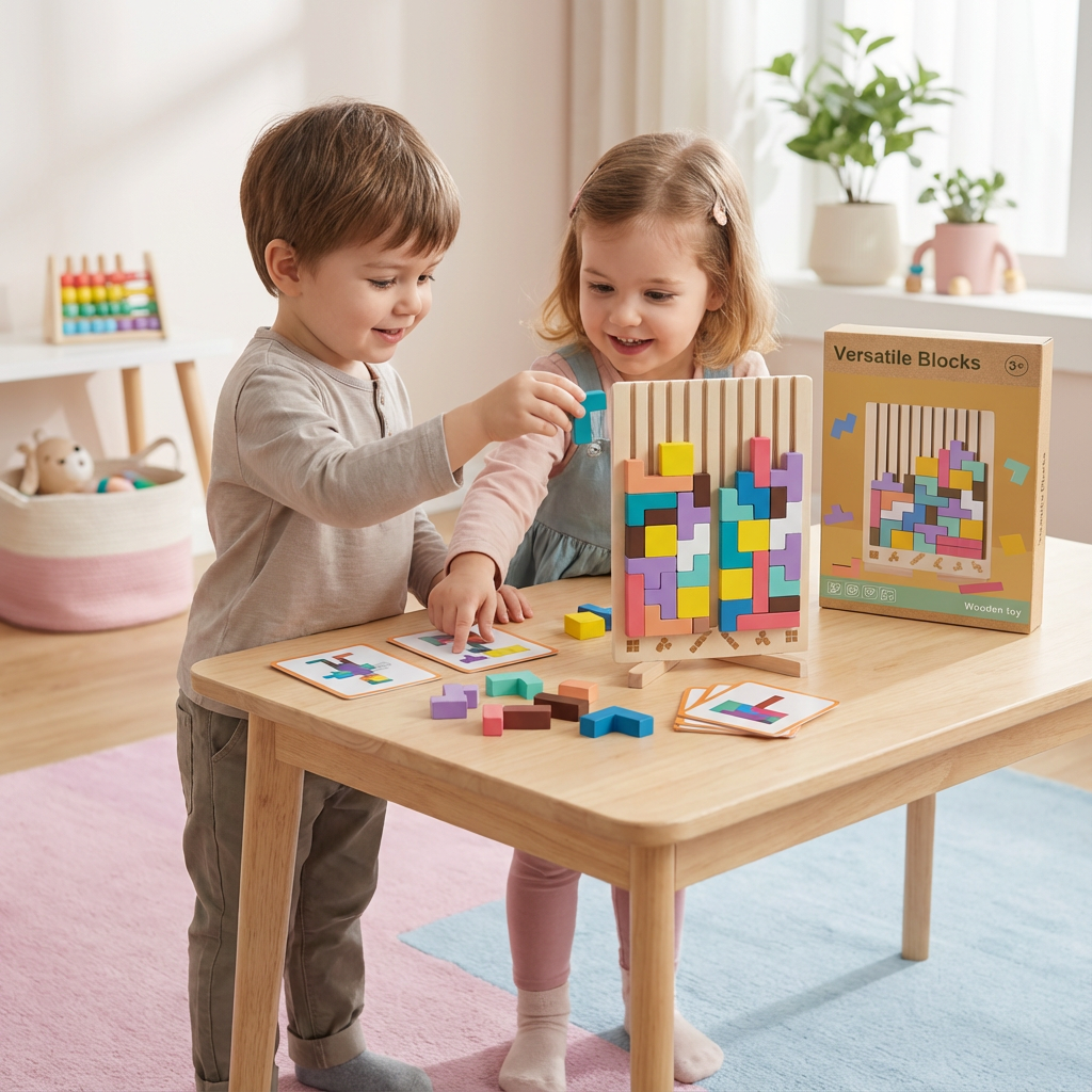 Montessori Holz Baustein Set für Kinder, fördert Formen, Kreativität & Konzentration, pädagogisches Lernspielzeug.