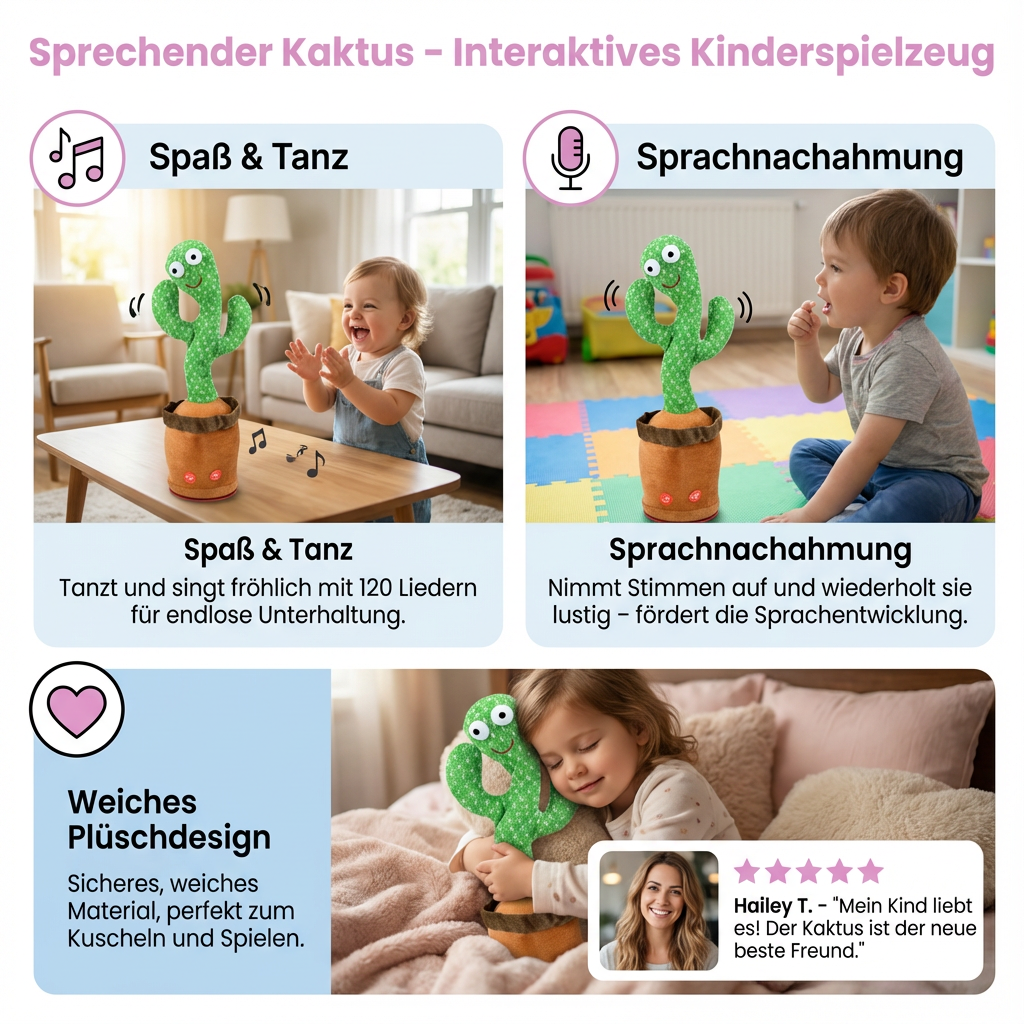 Weiches Plüschtier Kaktus mit Musik, LED-Lichtern und Aufnahmefunktion, ein elektrisches Tanzspielzeug für Babys.