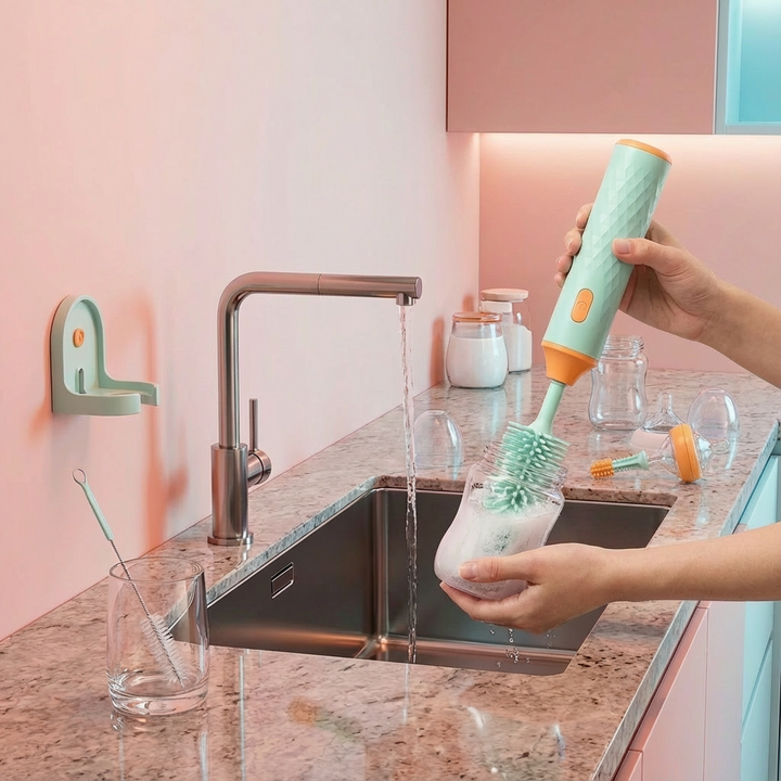 Effizienter, elektrischer Babyflaschenreiniger in Rosa/Grün, sorgt für hygienische Reinigung von Babyflaschen.