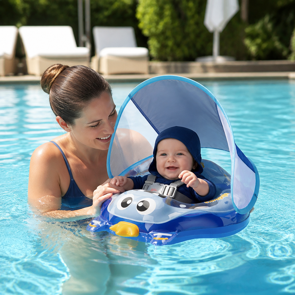 Sicherer Baby Schwimmring mit UV-Sonnendach und Schultergurten für optimalen Schutz beim Planschen.