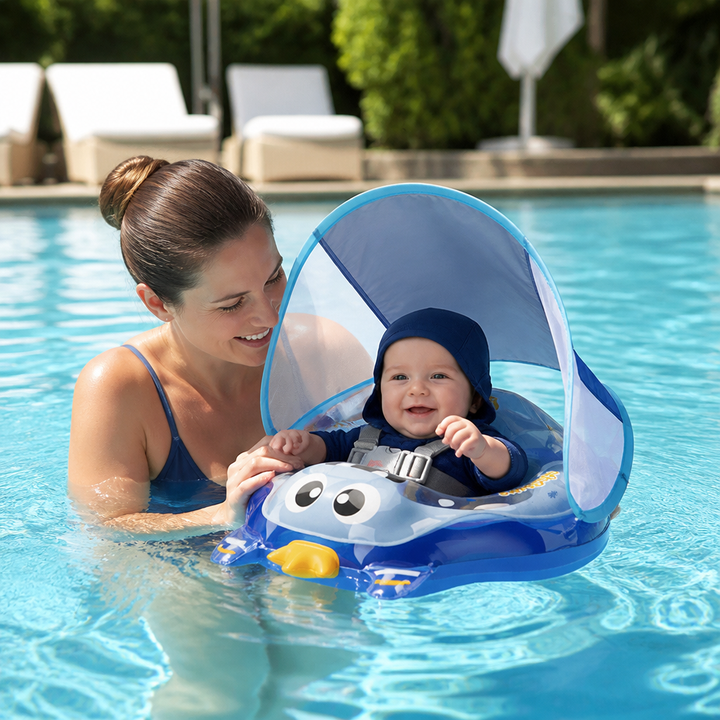 Sicherer Baby Schwimmring mit UV-Sonnendach und Schultergurten für optimalen Schutz beim Planschen.