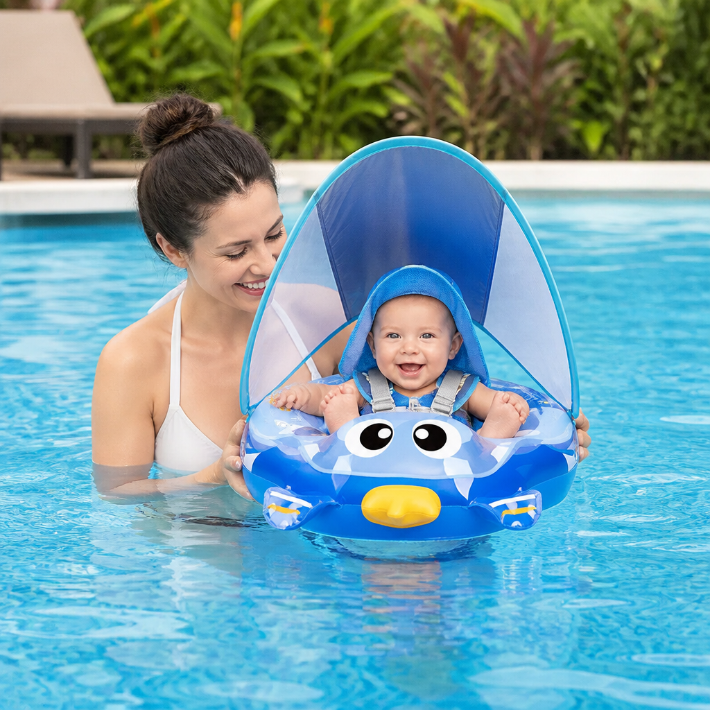 Baby Schwimmring mit UV-Sonnendach und Schultergurten, sicherer Schwimmsitz für Badespaß im Pool.