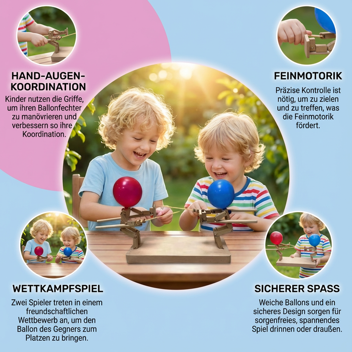 Fröhliches Partyspiel: Holz Ballon Duell fördert Geschicklichkeit. Ideales Familienspielzeug und Kindergeschenk.