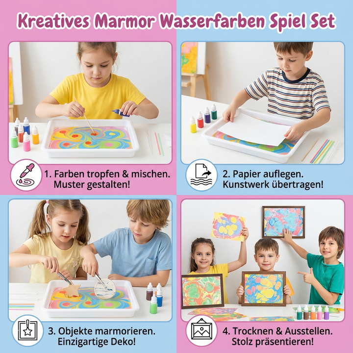 Tolles Kindergeschenk: Marmor-Wasserfarben Set für kreative Mädchen & Jungen, ideal zum Basteln & Lernen.