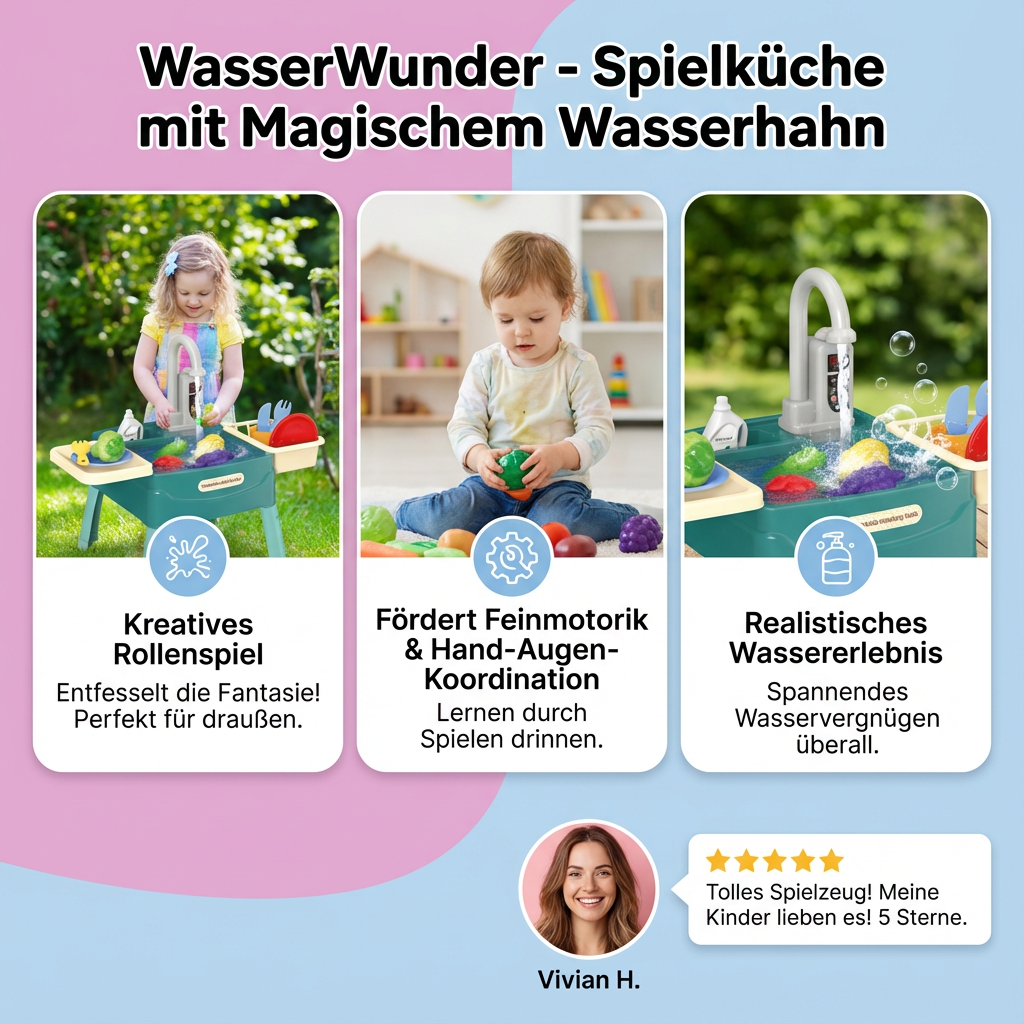 Detailansicht der WasserWunder Spielküche mit fließendem Wasser im Spülbecken, Kinderspielzeug.