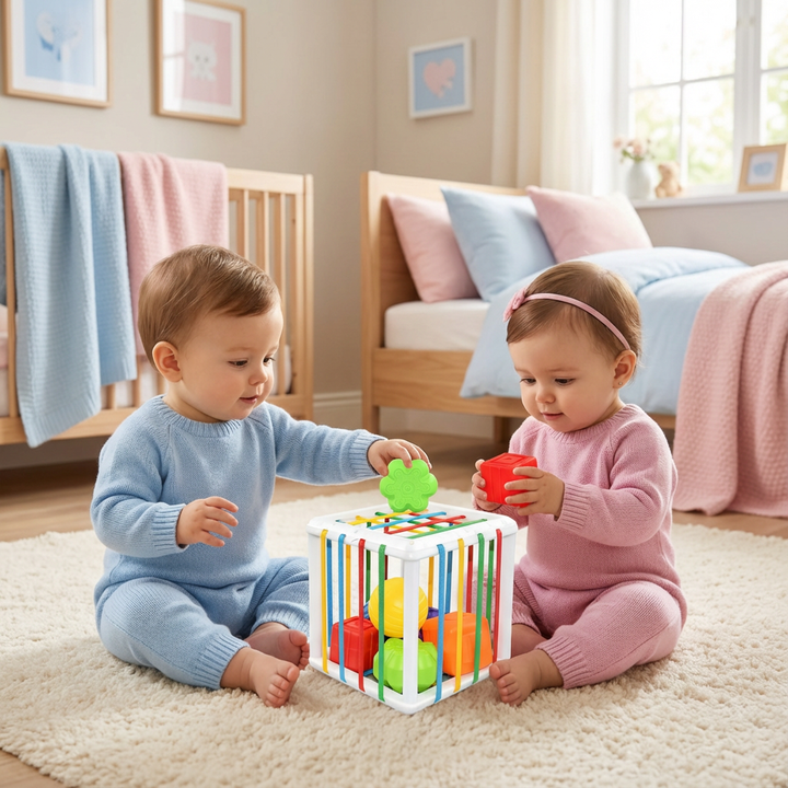 Pädagogisches Holzspielzeug: Montessori Formenbox fördert Motorik & kognitive Entwicklung bei Kleinkindern.