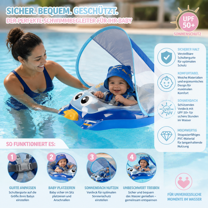 Aufblasbarer Baby Schwimmring mit Sonnendach für unbeschwerten Sommerspaß und Wasserspielzeug im Pool.
