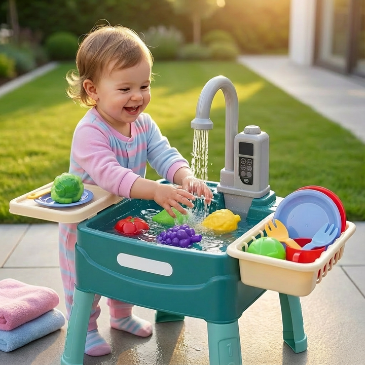 Farbenfrohe Spielzeugküche für Kinder mit interaktiver Wasserfunktion und Küchenzubehör für Rollenspiele.