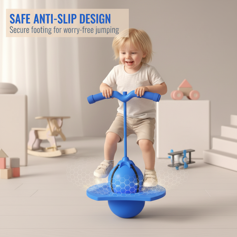 Spielerischer Sprungball für Kinder, mit Griffen für sicheren Halt, ideal zur Balanceförderung.