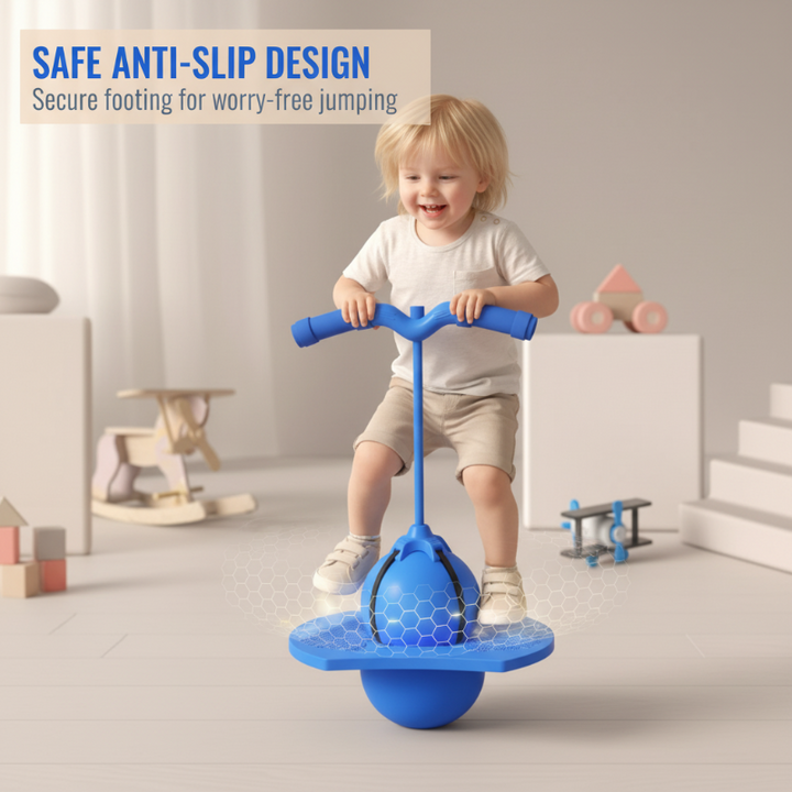 Spielerischer Sprungball für Kinder, mit Griffen für sicheren Halt, ideal zur Balanceförderung.