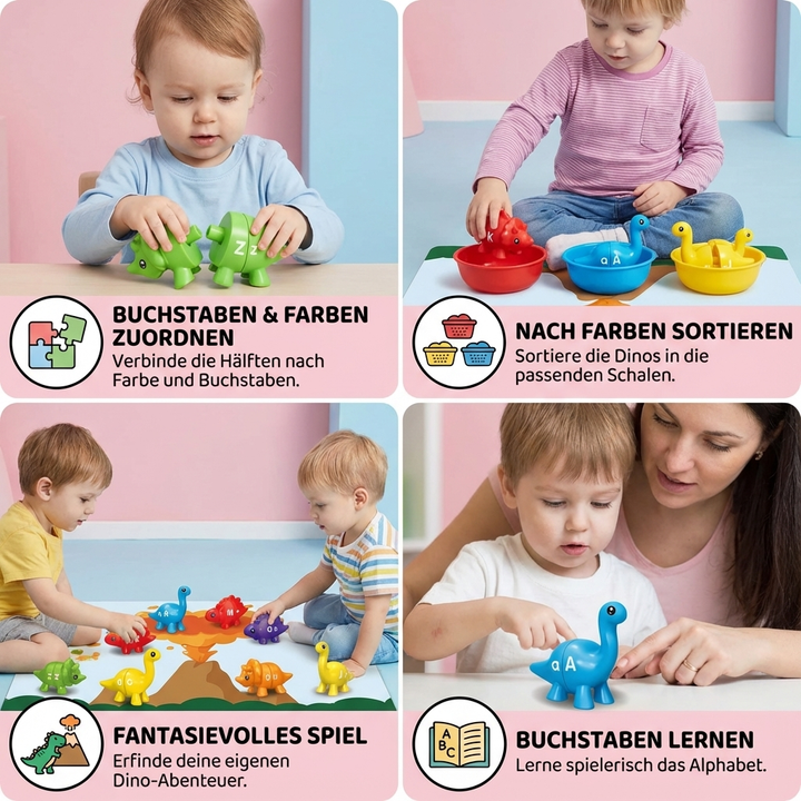 Montessori Lernset mit farbigen Dinosauriern & Sortierbechern; pädagogisches Spielzeug für Kindergarten & Vorschule.