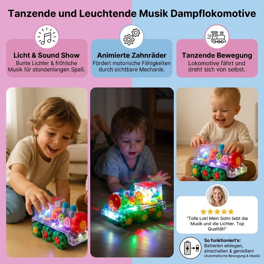 Bunte Lernspielzeug Dampflokomotive mit Musik, Licht und Dampf, ideale Geschenkidee.
