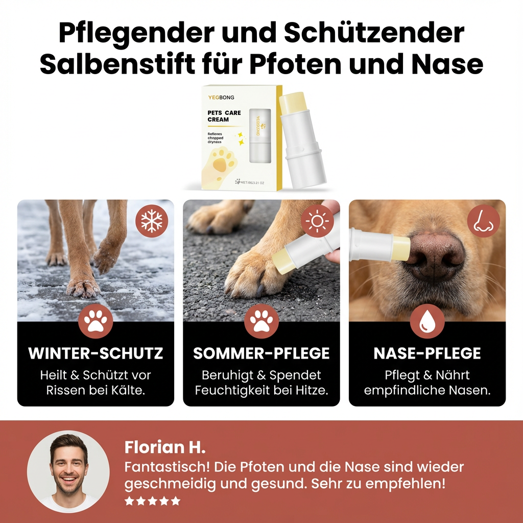 Natürlicher Hundepflege Salbenstift. Bietet Wetterschutz und intensive Pflege für sensible Hunde-Pfoten & Nase.