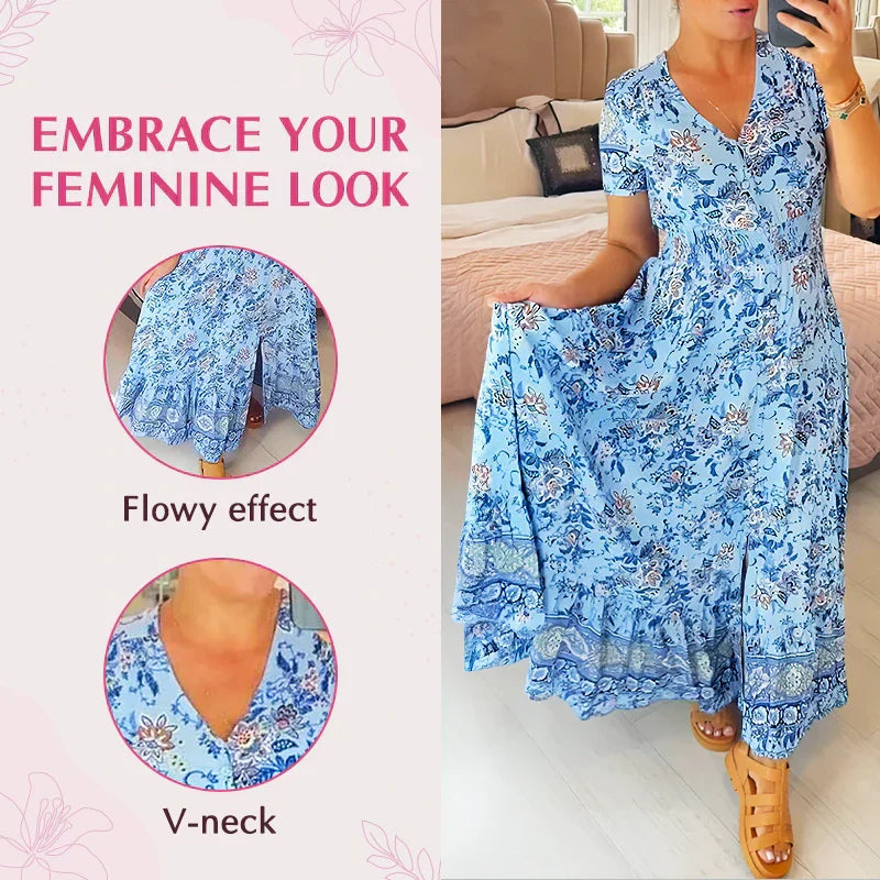 Lässiges Damen Sommerkleid mit V-Ausschnitt, ideal für Spaziergänge und Tagesausflüge.