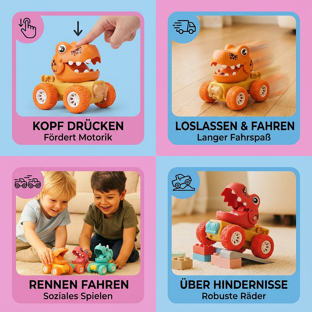 Dino Monstertruck zum Schieben & Fahren. Robustes Kinderspielzeug für actionreiche Abenteuer im Freien.