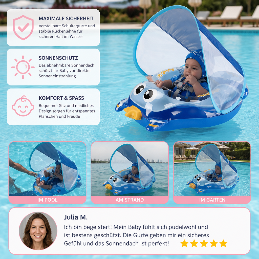 Schwimmsitz Baby mit UV-Sonnendach und Schultergurten, bietet Schutz und Sicherheit beim Planschen im Pool.