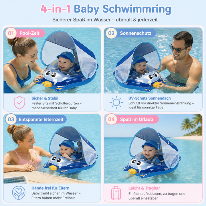 Baby Schwimmring mit Sonnendach, Schultergurten; aufblasbarer Schwimmsitz für Kleinkinder und sicheren Badespaß.