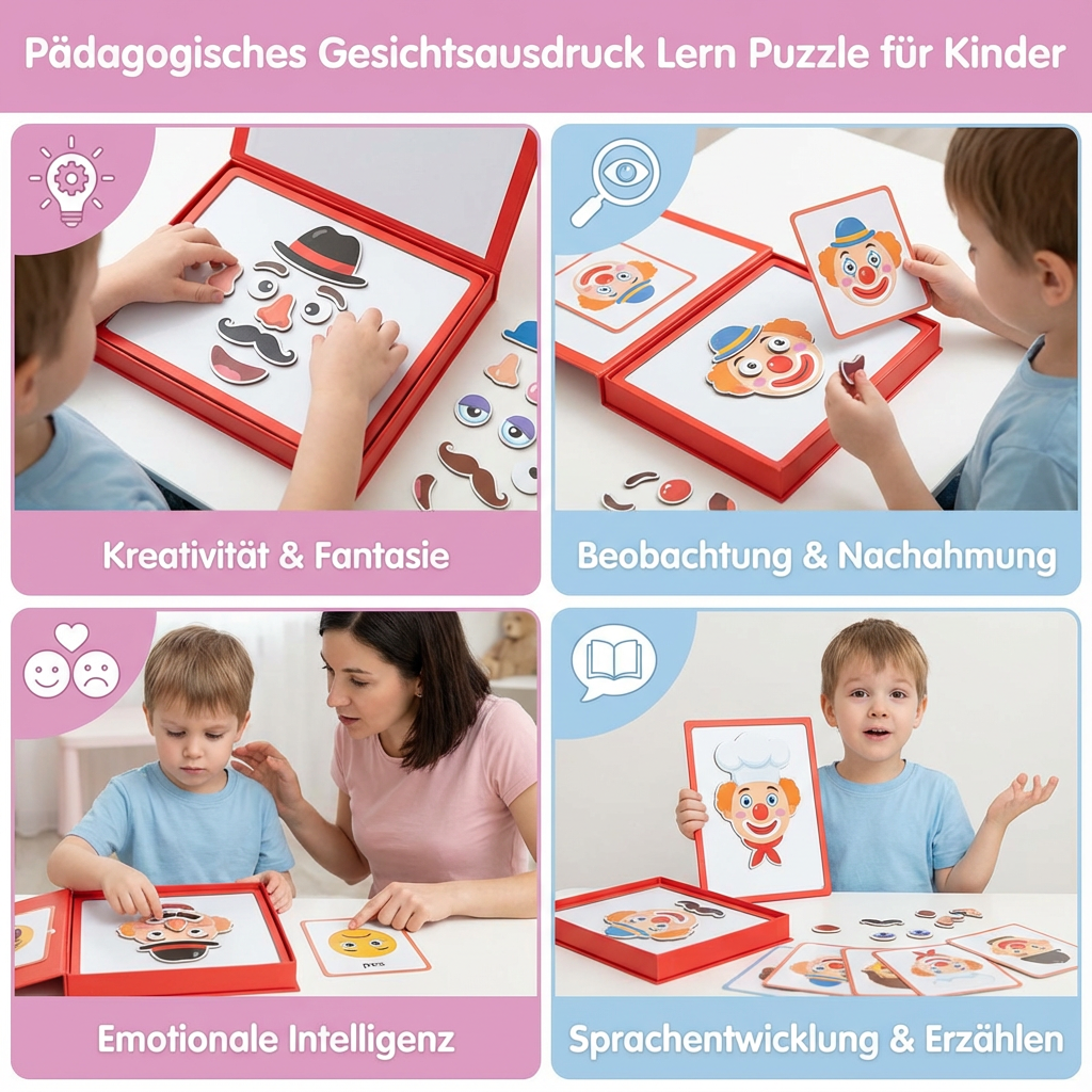 Farbenfrohes Kinderpuzzle: Emotionale Gesichtsausdrücke als pädagogisches Lernspielzeug für Vorschulkinder.