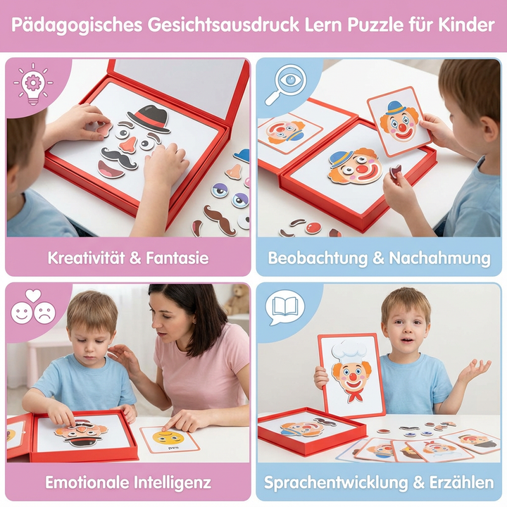Farbenfrohes Kinderpuzzle: Emotionale Gesichtsausdrücke als pädagogisches Lernspielzeug für Vorschulkinder.