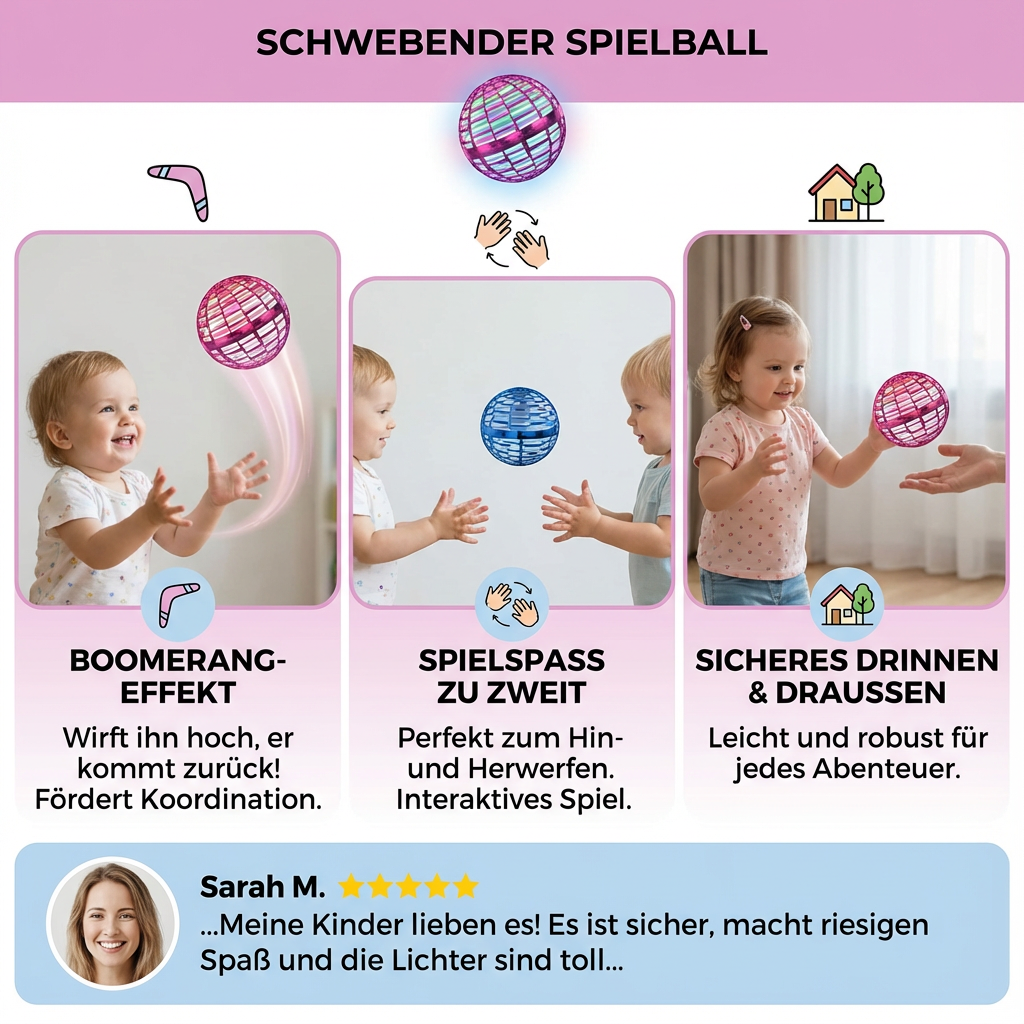 Dynamisches Flugspielzeug für Kinder & Erwachsene. Leuchtender Schwebeball für interaktiven Spass drinnen & draussen.