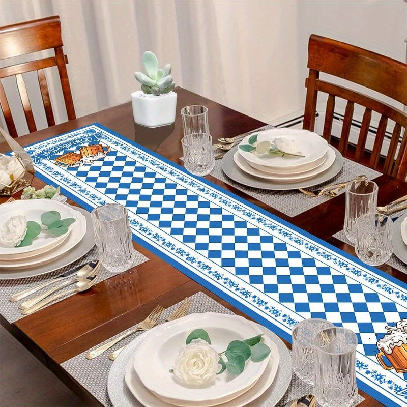Blau-weißer Rautenmuster Tafelläufer als bayerische Tischdekoration. Perfekt für Oktoberfest und Partys.