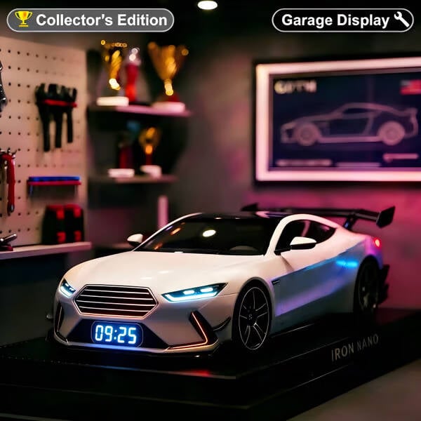 Detailgetreuer Sportwagen Wecker digital. Mit realistischem Motorensound & eindrucksvollen Lichteffekten.