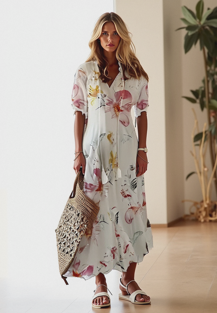 Damen Boho Maxikleid, luftig & bequem, A-Linie mit Kurzarm für Sommer & Strand. Vielseitiges Sommerkleid.