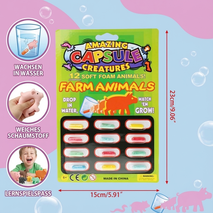 Bunte magische Tier Wachstumskapseln. Erlebe faszinierendes Wachstum im Wasser. Perfektes Kinderspielzeug.