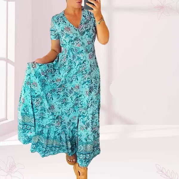 Damen Sommerkleid mit V-Ausschnitt; leicht, locker und stilvoll, geeignet für jeden Anlass.