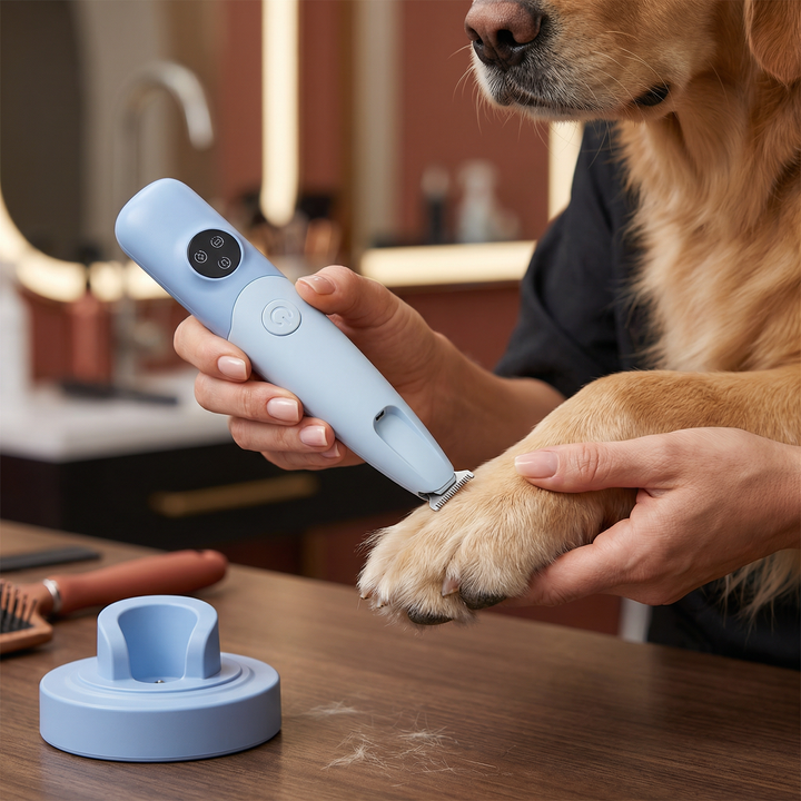 Ergonomischer, kabelloser Pfotentrimmer für leichte Handhabung. Komfortables Grooming für Hunde & Katzen.