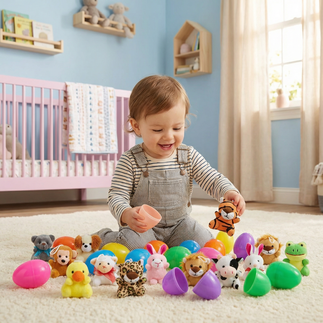 Ostereier-Überraschungsset mit verschiedenen Plüschtieren für Kinder; ideal für die Ostereiersuche und als Geschenk.