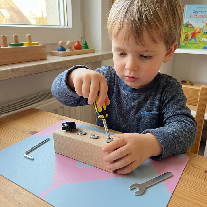Montessori Holz-Schraubspiel für Kinder. Fördert Feinmotorik, Konzentration & kognitive Entwicklung.