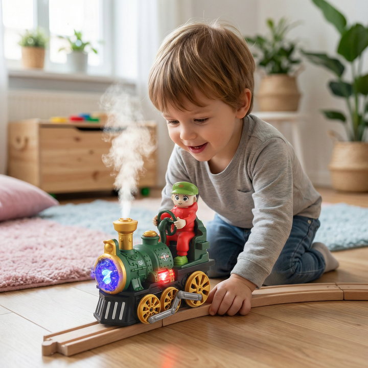 Fantastische Spielzeug-Dampflok für Kinder mit Licht, Musik und sicherem Dampf; weckt die Kreativität.