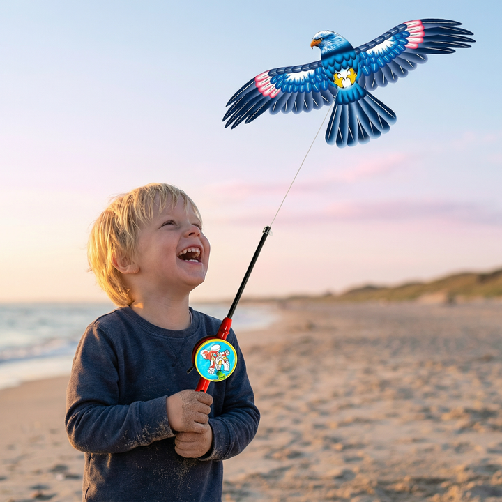 Farbenfroher Flügel-Drachen für Kinder; fördert Hand-Augen-Koordination und aktives Spielen draußen.
