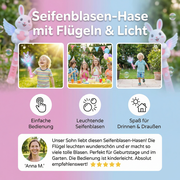 Sensorischer Seifenblasen-Hase mit Lichteffekten & Flügeln, perfektes Kinderspielzeug & Outdoor Bubble Maker für Mädchen & Jungen.