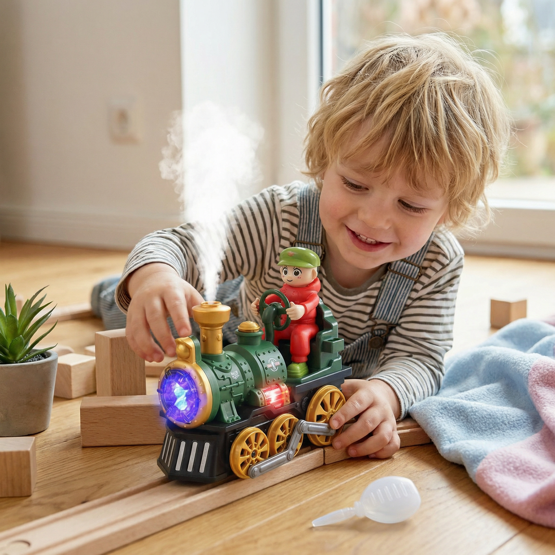 Niedliche Spielzeug-Dampflok mit bunten Lichteffekten, Musik und echtem Dampf für stundenlangen Kinderspielspaß.