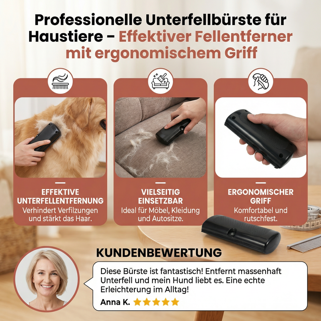 Effektiver Fellentferner für Hunde & Katzen. Diese Unterfellbürste reduziert Haarausfall und pflegt das Tierfell.