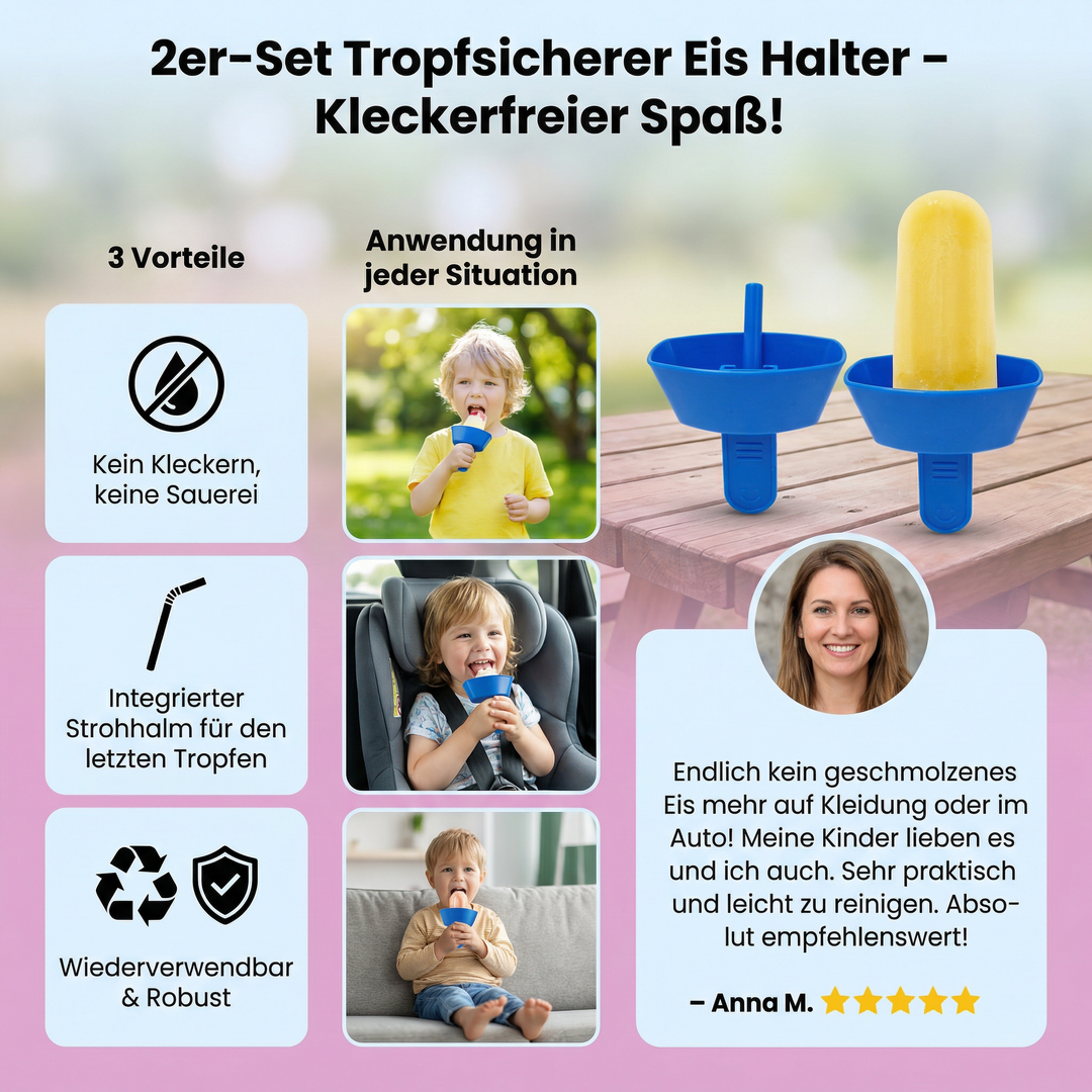 BPA-freier Eisfänger mit integriertem Strohhalm. Hält Kinderhände sauber beim Eisgenuss. Perfekt für Sommer.