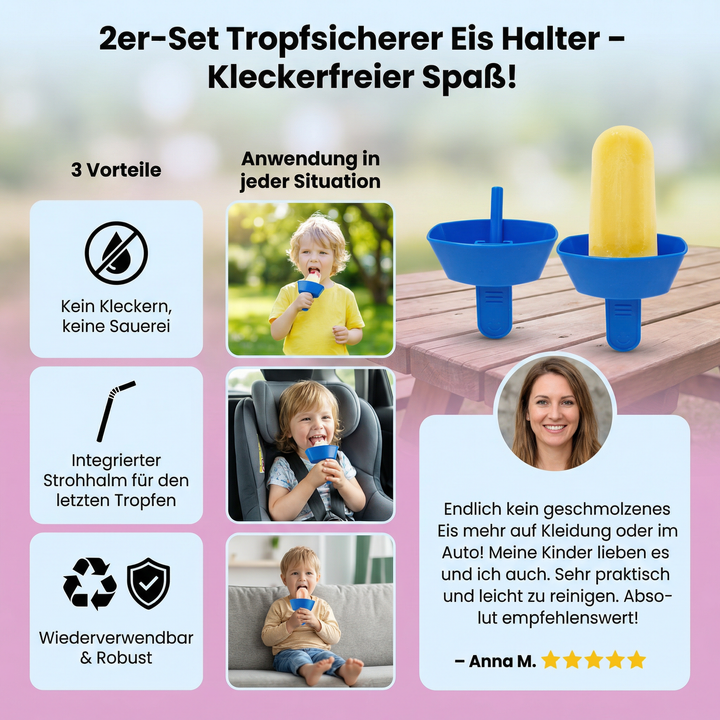 BPA-freier Eisfänger mit integriertem Strohhalm. Hält Kinderhände sauber beim Eisgenuss. Perfekt für Sommer.
